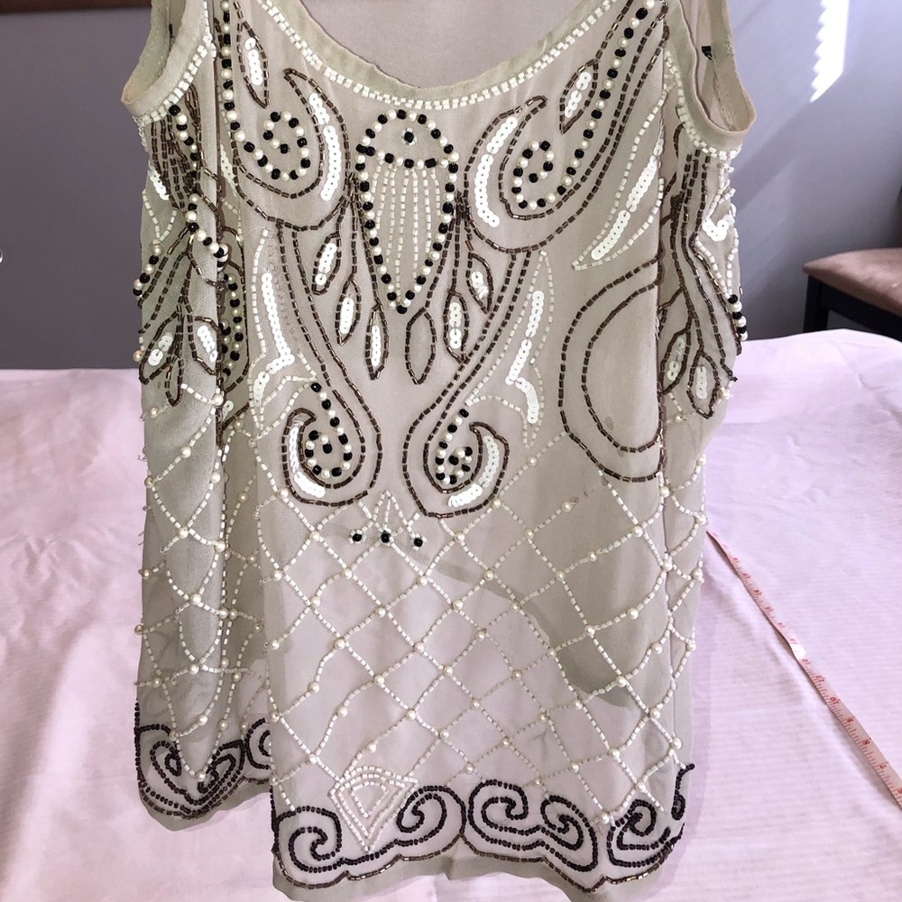 BKE Boutique Sheer Beaded Beige Top - Small